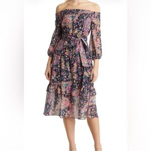 Sam Edelman Dark Paisley Off the Shoulder Three-Quarter Sleeve Dress